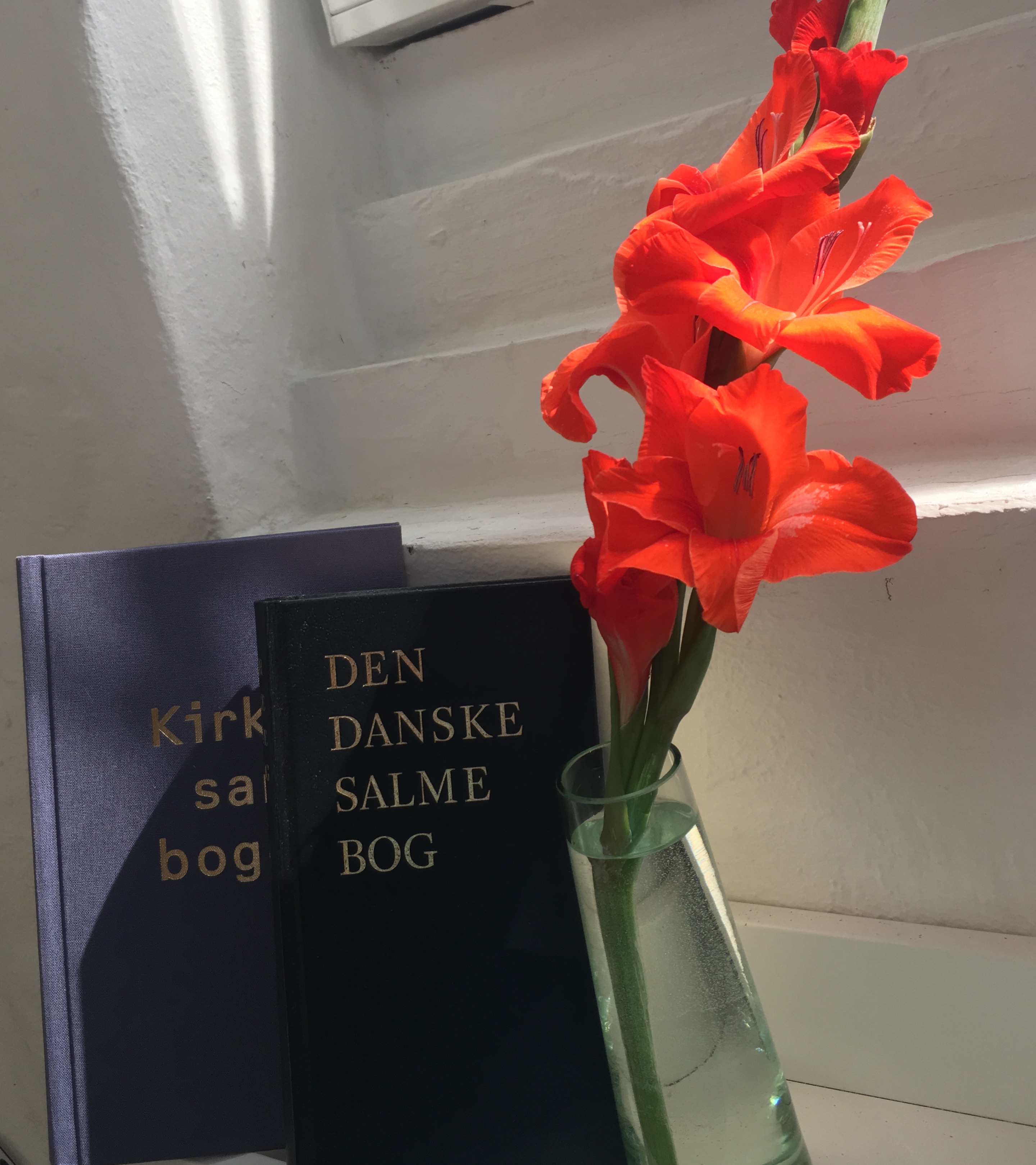 billede med en salmebog og en rød gladiolus i eb glasvase